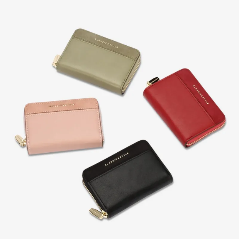 Lítið leðurkreditkortaveski fyrir konur með rennilás